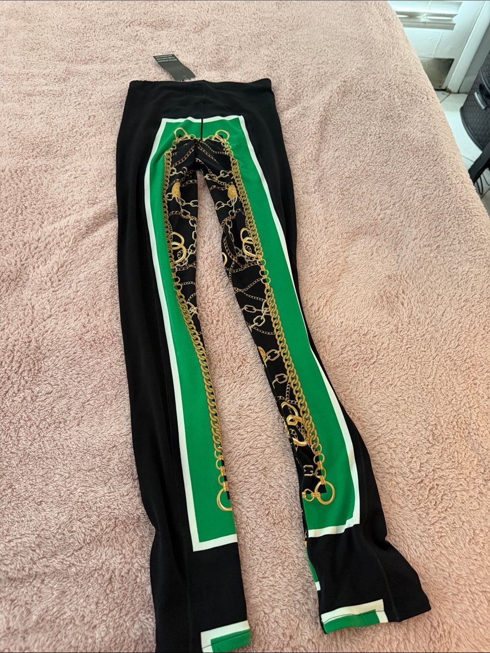 eva varro Black Leggings with Green & Gold Chain-Print Side Panels
